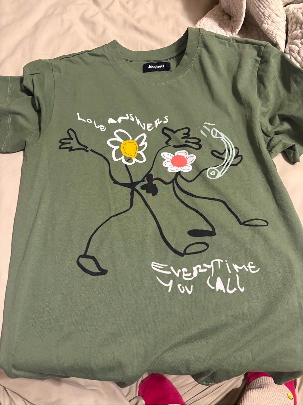 Desigual Olive Graphic Tee with Floral Characters